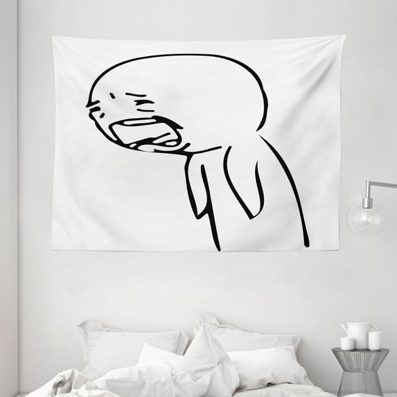 Humor Decor Tapestry, Sad Guy Upset Crying Popular Rage Comic Generator Style Online Emoji Print, Wall Hanging for Bedroom Living Room Dorm Decor, 80W X 60L Inches, Black White, by Ambesonne
