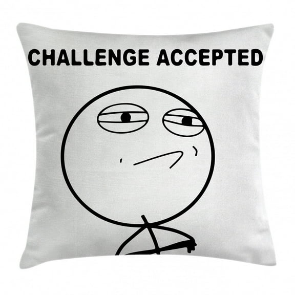 Humor Decor Throw Pillow Cushion Cover, Challenge Accepted Guy Meme Caricature Man Trippy Styled Artsy Modern Picture, Decorative Square Accent Pillow Case, 24 X 24 Inches, Black White, by Ambesonne