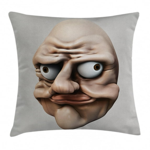 Humor Decor Throw Pillow Cushion Cover, Grumpy Internet Troll Face with Trippy Gestures Ugly Post Trendy Meme Image, Decorative Square Accent Pillow Case, 16 X 16 Inches, Egg Shell Tan, by Ambesonne