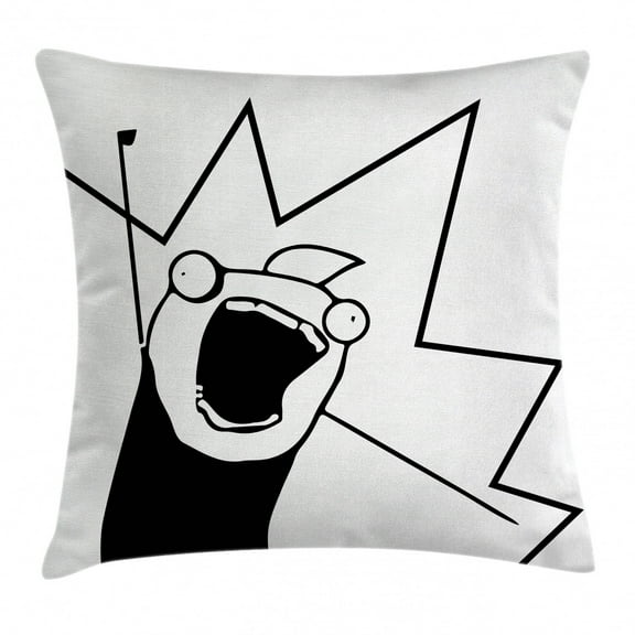 Humor Decor Throw Pillow Cushion Cover, Happy Stick Meme Troll Face Cheerful Expression Digital Stylized Modern Design, Decorative Square Accent Pillow Case, 18 X 18 Inches, Black White, by Ambesonne