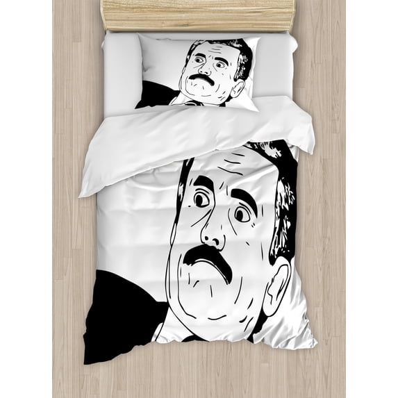 Humor Decor Twin Size Duvet Cover Set, Reaction Guy Human Rage Comics Man with Moustache in Suits Gesture Artwork, Decorative 2 Piece Bedding Set with 1 Pillow Sham, Black White, by Ambesonne