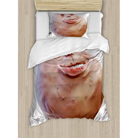 Humor Duvet Cover Set, Forever Alone Rage Comic Face Guy Funny Fat Ugly Troll Illustration, Decorative 2 Piece Bedding Set with 1 Pillow Shams, Twin Size, Peach, by Ambesonne