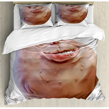 Humor Duvet Cover Set, Forever Alone Rage Comic Face Guy Funny Fat Ugly Troll Illustration, Decorative 3 Piece Bedding Set with 2 Pillow Shams, Queen Size, Peach, by Ambesonne