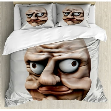Humor Duvet Cover Set, Grumpy Internet Troll Face with Trippy Gestures Ugly Post Meme Joke Image, Decorative 3 Piece Bedding Set with 2 Pillow Shams, King Size, Eggshell and Tan, by Ambesonne