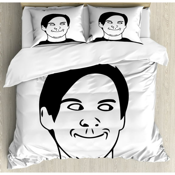 Humor Duvet Cover Set, Irritating Troll Face Man with Cynical Expression Oh Crap Famous Fun Image Print, Decorative 3 Piece Bedding Set with 2 Pillow Shams, Calking Size, Black and White, by Ambesonne
