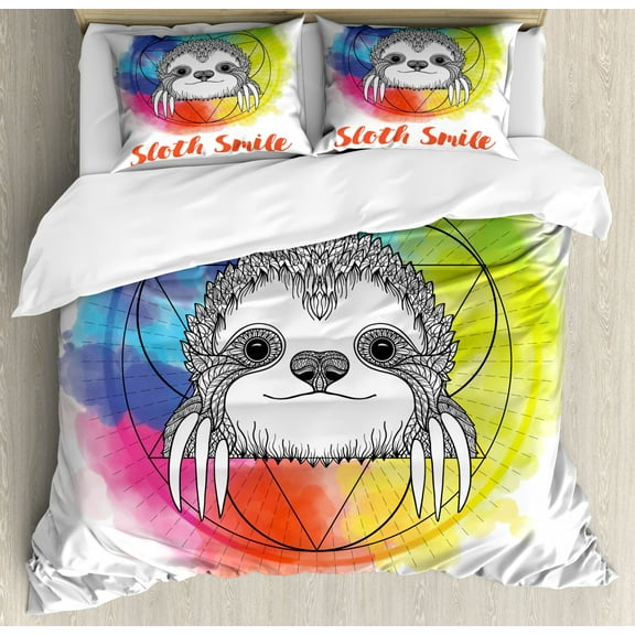 Humor Duvet Cover Set King Size, Rainbow Colored Backdrop Image with Sketchy Happy Smiling Cartoon Sloth Art Print, Decorative 3 Piece Bedding Set with 2 Pillow Shams, Multicolor, by Ambesonne