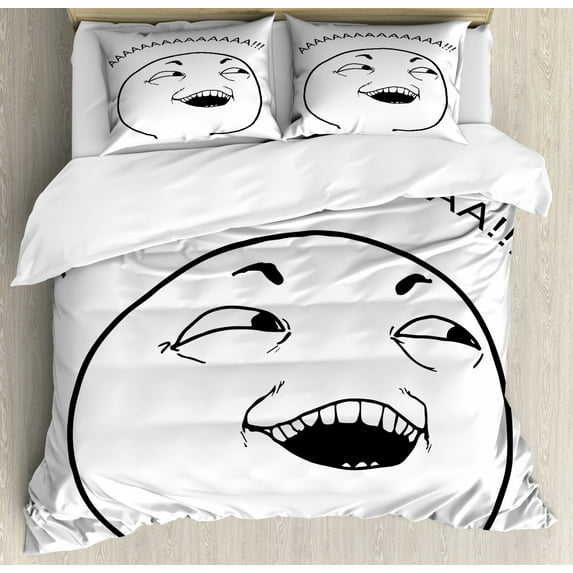 Humor Duvet Cover Set, Lol Guy Happy Boy Meme Face Internet Community Illustration, Decorative 3 Piece Bedding Set with 2 Pillow Shams, Queen Size, Black and White, by Ambesonne