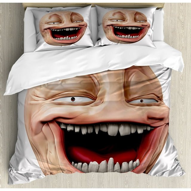 Humor Duvet Cover Set, Poker Face Guy Meme Laughing Mock Person Smug Stupid Odd Post Forum Graphic, Decorative 3 Piece Bedding Set with 2 Pillow Shams, King Size, Peach and Pearl, by Ambesonne
