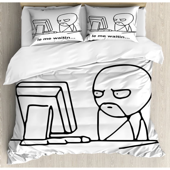 Humor Duvet Cover Set Queen Size, Stickman Meme Face Icon Looking at Computer Joyful Fun Caricature Comic Design, Decorative 3 Piece Bedding Set with 2 Pillow Shams, Black and White, by Ambesonne