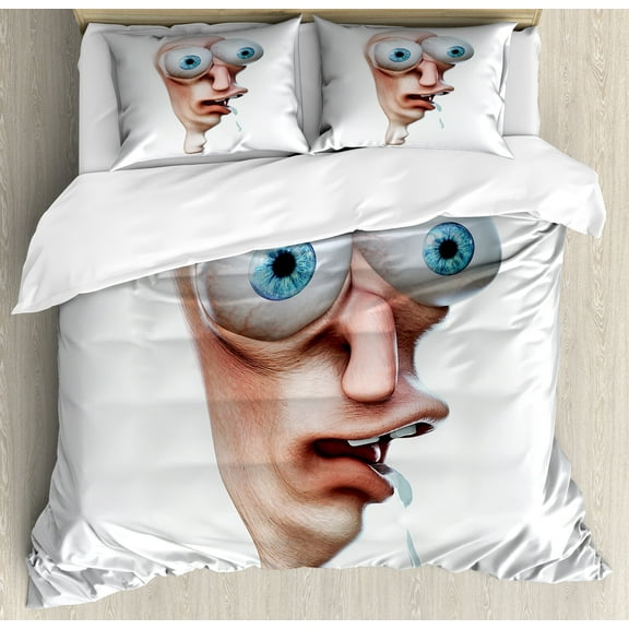 Humor Duvet Cover Set, Stupid Derp Human Face Web Comics Character Simple Drawing Modern Image, Decorative 3 Piece Bedding Set with 2 Pillow Shams, Queen Size, Peach and Blue, by Ambesonne