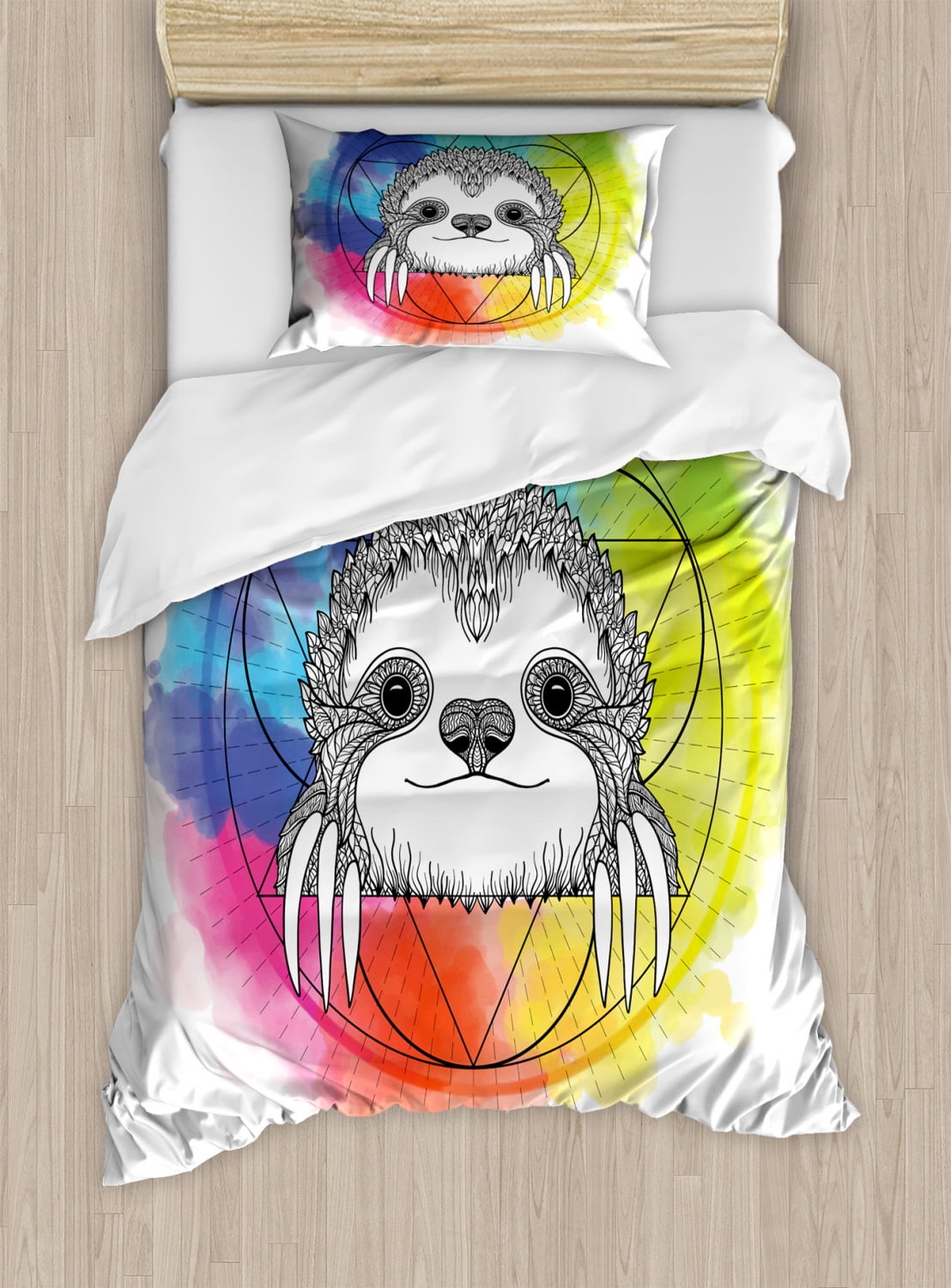 Rainbow Cartoon Sloth Twin Duvet Cover Set