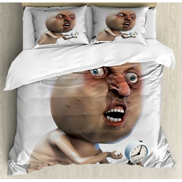 Humor Duvet Cover Set, Why You No Wake Me up Internet Meme with Complaining Oversleep Face and Watch Image Print, Decorative 3 Piece Bedding Set with 2 Pillow Shams, King Size, Tan, by Ambesonne