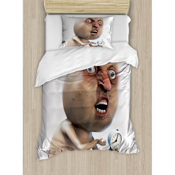 Humor Duvet Cover Set, Why You No Wake Me up Internet Meme with Complaining Oversleep Face and Watch Image Print, Decorative 2 Piece Bedding Set with 1 Pillow Shams, Twin Size, Tan, by Ambesonne