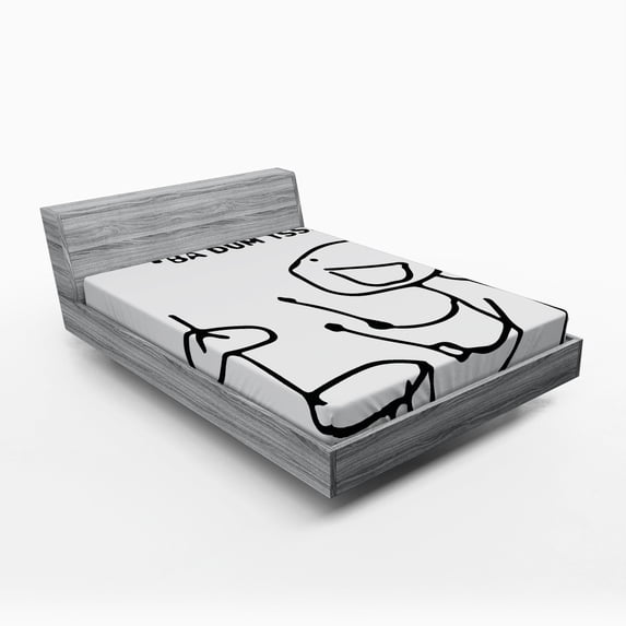 Humor Fitted Sheet, Musician Stickman Plays Drums Happy Instrument Artisan Indie Style Art, Soft Decorative Fabric Bedding, Queen Size, Black and White, by Ambesonne