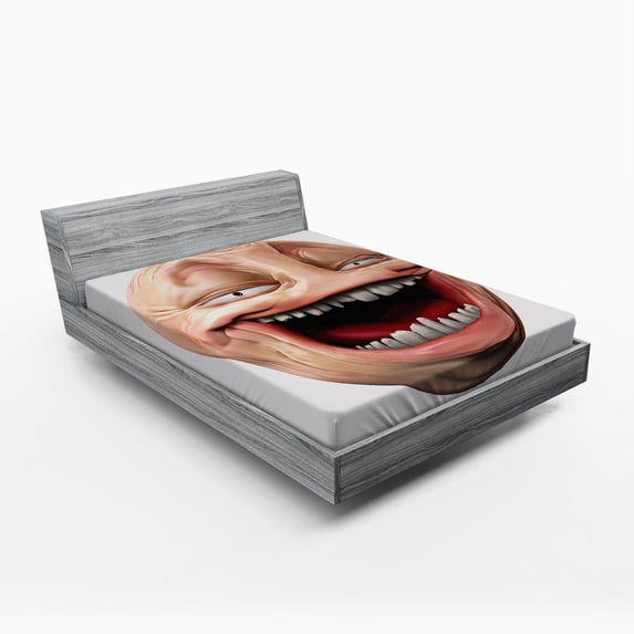 Ambesonne Humor Fitted Sheet, Poker Face Guy Meme, Queen Size, Peach and Pearl