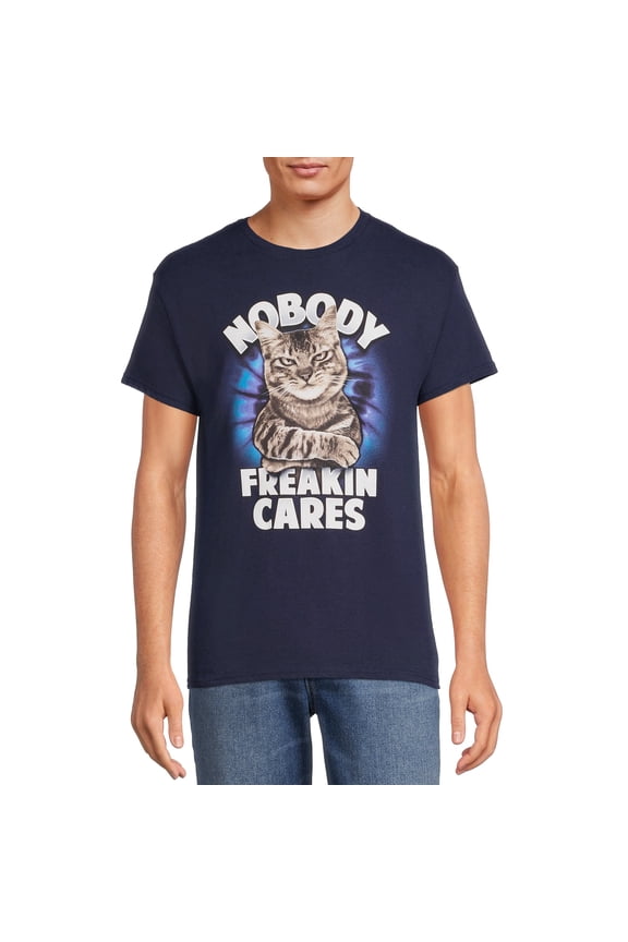 Men's & Big Men's Nobody Freakin Cares Cat Graphic Tee with Short Sleeves