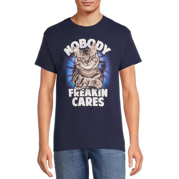 Humor Men's & Big Men's Nobody Freakin Cares Cat Graphic Tee with Short Sleeves