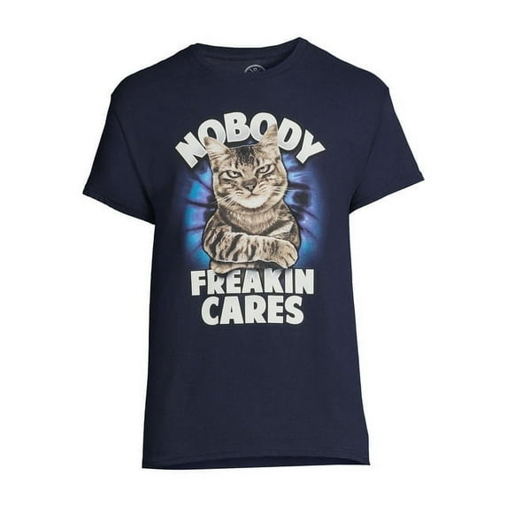 Humor Men's & Big Men's Nobody Freakin Cares Cat Graphic Tee with Short Sleeves