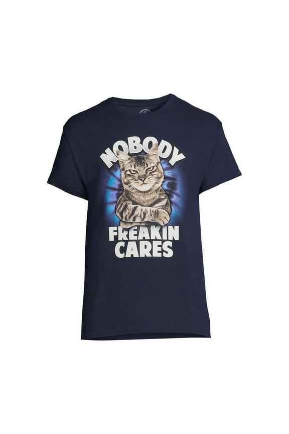Men's & Big Men's Nobody Freakin Cares Cat Graphic Tee with Short Sleeves