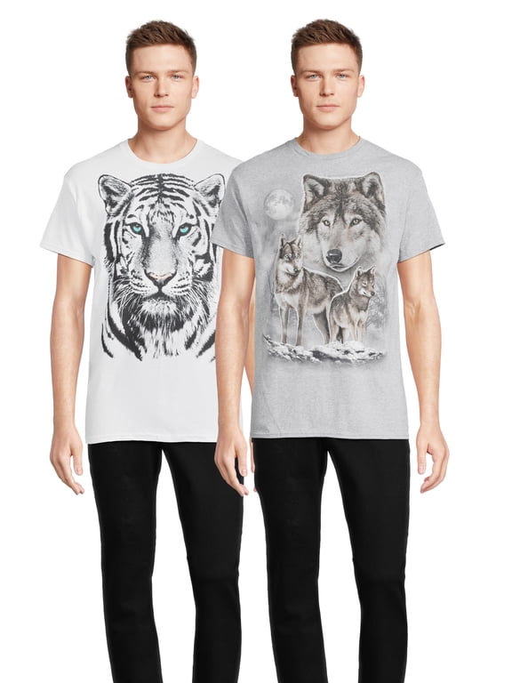 Men's & Big Men's Wolf and Tiger Animal Graphic T-Shirts, 2-Pack, Sizes S-3XL