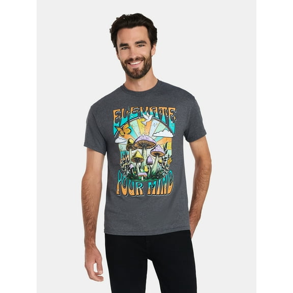 Humor Men's and Big Men's Elevate Your Mind Mushroom Graphic Tee with Short Sleeves, Sizes S-3XL