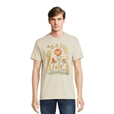 Humor Men's and Big Men's Happiness Is a State Of Mind Mushroom and Flowers Short Sleeve Men's Graphic Tee, Sizes S-3XL