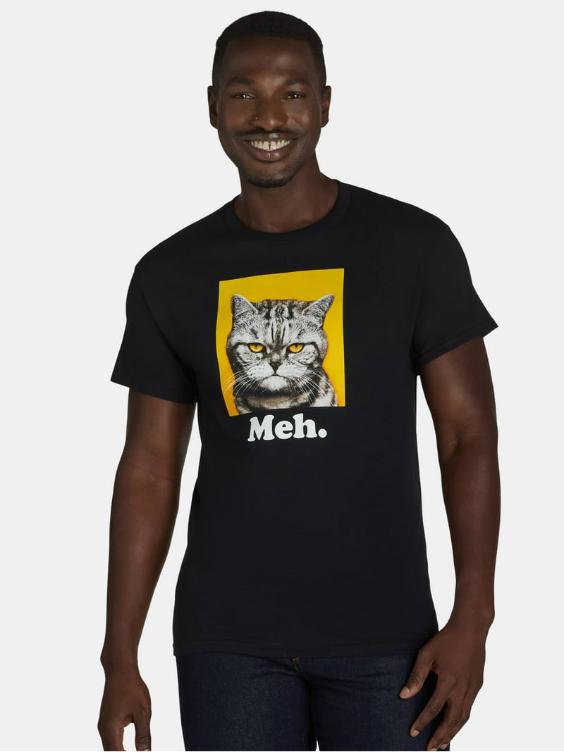 Humor Men's and Big Men's Meh Cat Graphic Tee with Short Sleeves