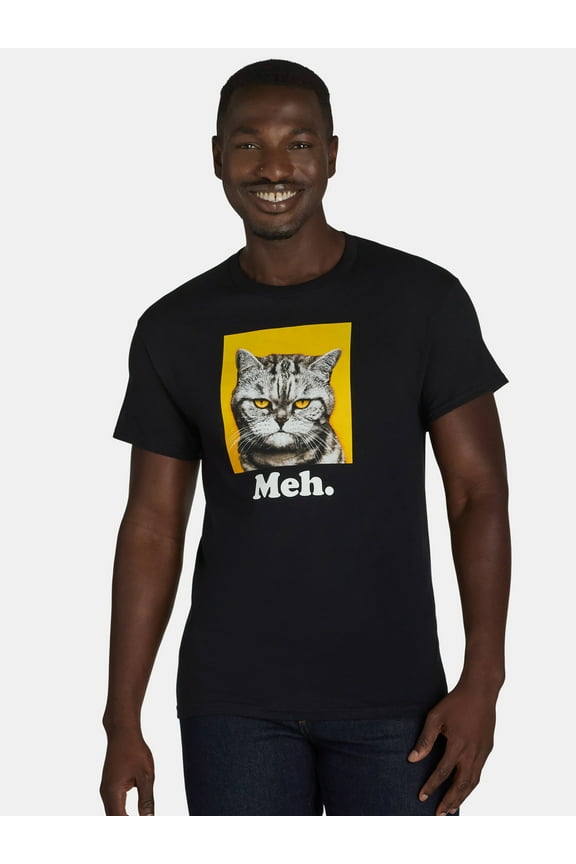 Men's and Big Men's Meh Cat Graphic Tee with Short Sleeves, Sizes S-XL