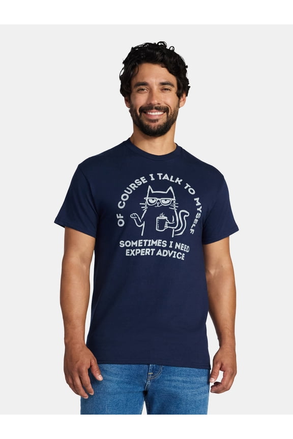 Men's and Big Men's Talk To Myself Cat Graphic Tee with Short Sleeves, Sizes S-3XL