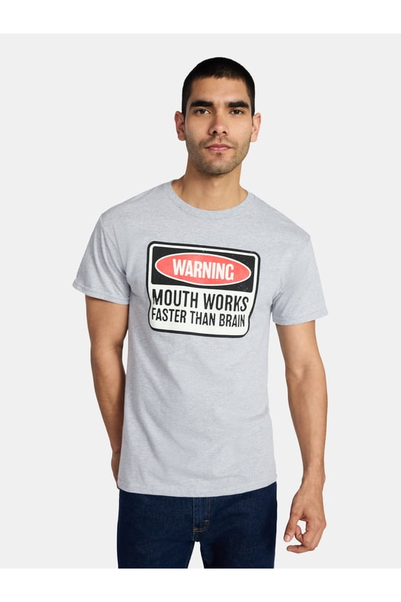 Men's and Big Men's Warning Mouth Works Faster Than Brain Graphic Tee, Size S-3XL