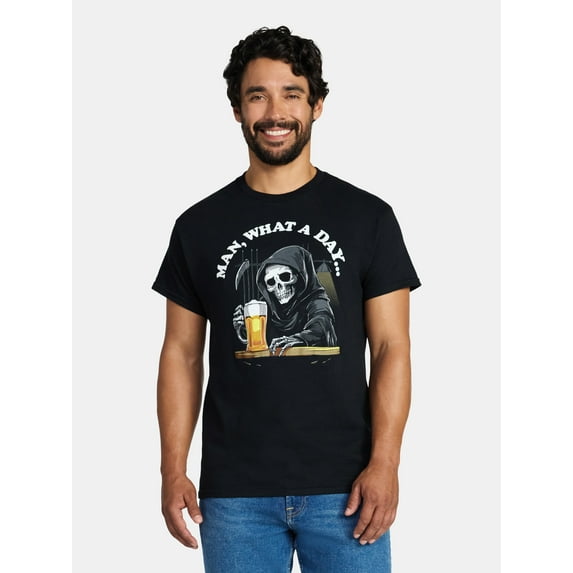 Humor Men's and Big Men's What a Day Grim Reaper Graphic Tee with Short Sleeves, Sizes S-3XL