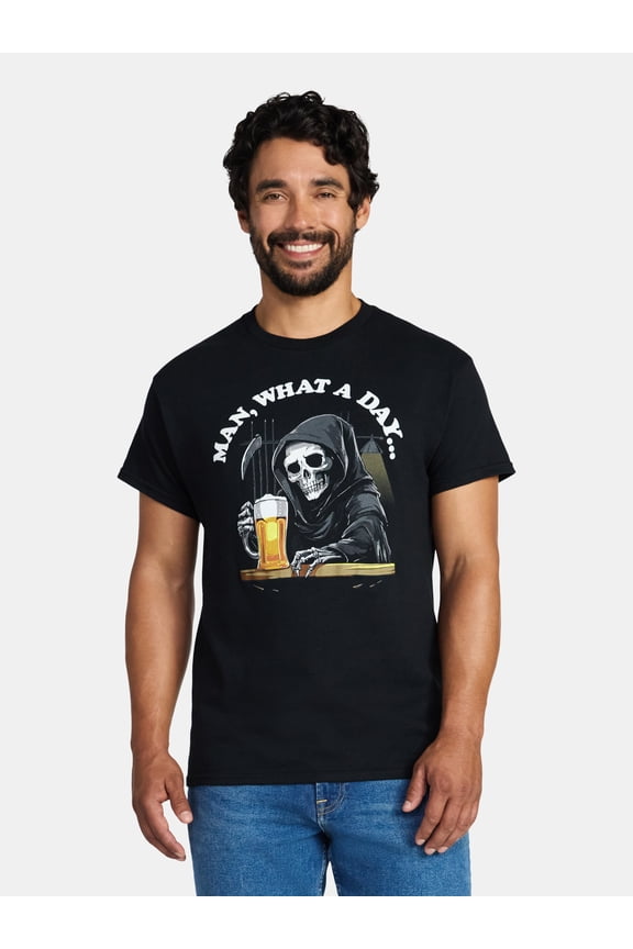 Men's and Big Men's What a Day Grim Reaper Graphic Tee with Short Sleeves, Sizes S-3XL