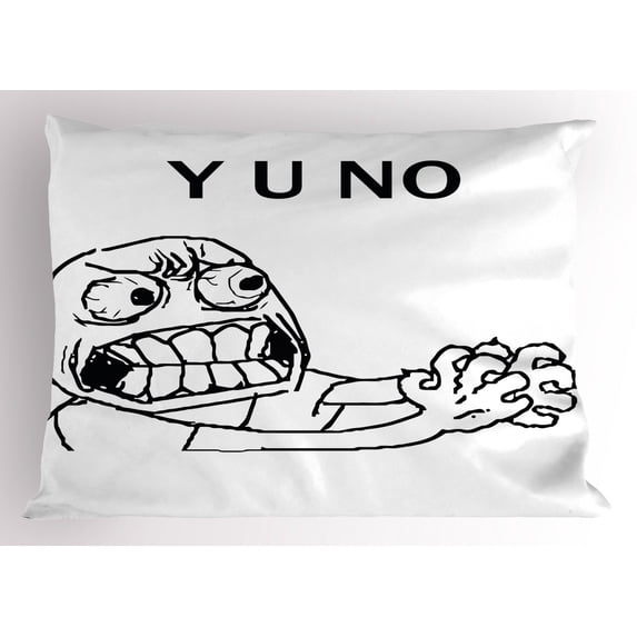 Humor Pillow Sham Mascot Rage Guy Meme Face Figure with Big Eyes Full of Anger Hipster Smile Art, Decorative Standard Size Printed Pillowcase, 26 X 20 Inches, Black and White, by Ambesonne