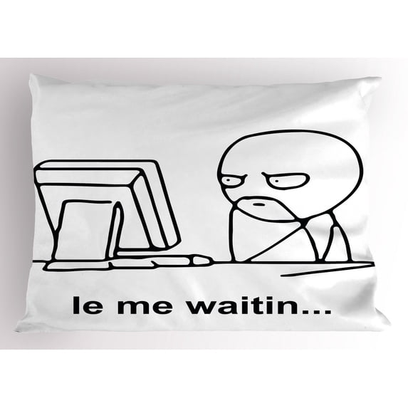 Humor Pillow Sham Stickman Meme Face Icon Looking at Computer Joyful Fun Caricature Comic Design, Decorative Standard Size Printed Pillowcase, 26 X 20 Inches, Black and White, by Ambesonne