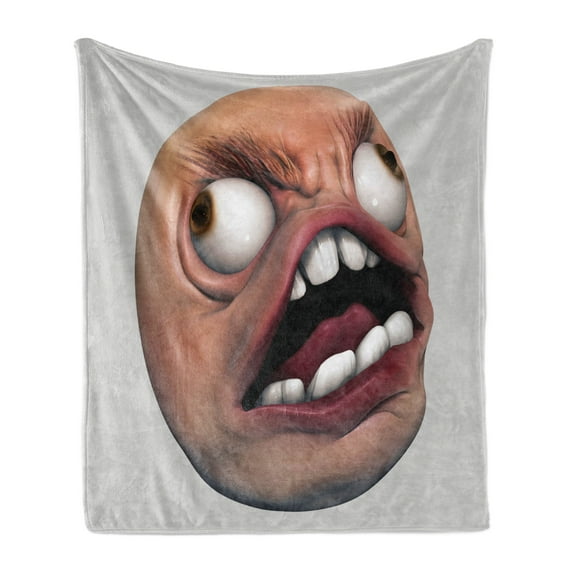 Humor Soft Flannel Fleece Throw Blanket, Angry Rage Guy Meme Bad Hair Day Late Work Emotions Ugh Fun Illustration, Cozy Plush for Indoor and Outdoor Use, 60" x 80", Coral and Pearl, by Ambesonne