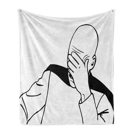Humor Soft Flannel Fleece Throw Blanket, Captain Picard Face Palm Troll Guy Meme Caption Super Fun Online Illustration, Cozy Plush for Indoor and Outdoor Use, 50" x 60", Black and White, by Ambesonne