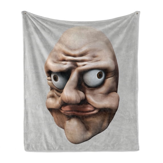 Humor Soft Flannel Fleece Throw Blanket, Grumpy Internet Troll Face with Trippy Gestures Ugly Post Meme Joke Image, Cozy Plush for Indoor and Outdoor Use, 50" x 70", Eggshell and Tan, by Ambesonne