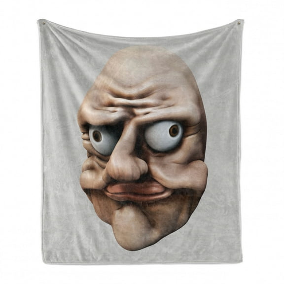 Humor Soft Flannel Fleece Throw Blanket, Grumpy Internet Troll Face with Trippy Gestures Ugly Post Meme Joke Image, Cozy Plush for Indoor and Outdoor Use, 60" x 80", Eggshell and Tan, by Ambesonne