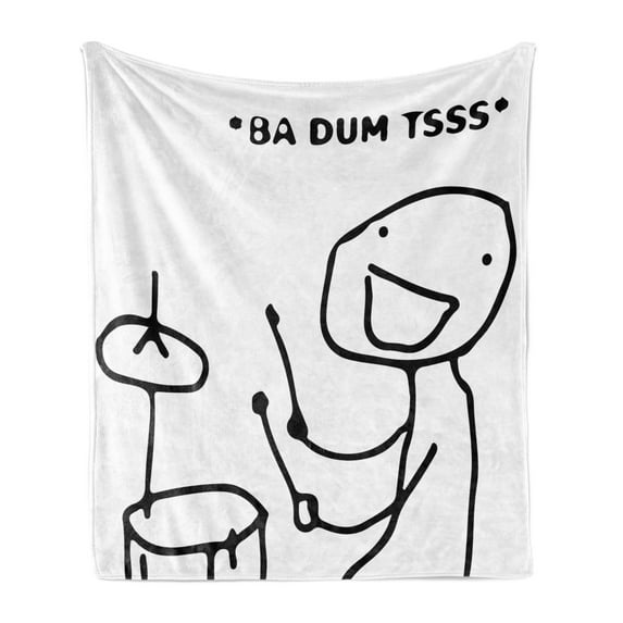 Humor Soft Flannel Fleece Throw Blanket, Musician Stickman Plays Drums Happy Instrument Artisan Indie Style Art, Cozy Plush for Indoor and Outdoor Use, 50" x 60", Black and White, by Ambesonne