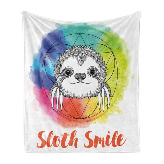 Humor Soft Flannel Fleece Throw Blanket, Rainbow Colored Backdrop Image Sketchy Happy Smiling Cartoon Sloth Art Print, Cozy Plush for Indoor and Outdoor Use, 50" x 60", Multicolor, by Ambesonne