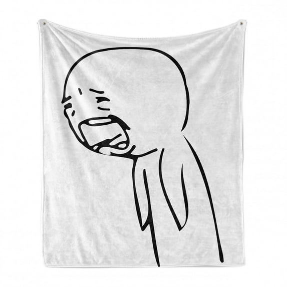 Humor Soft Flannel Fleece Throw Blanket, Sad Guy Upset Crying Popular Rage Comic Generator Online Comedy Print, Cozy Plush for Indoor and Outdoor Use, 50" x 60", Black and White, by Ambesonne