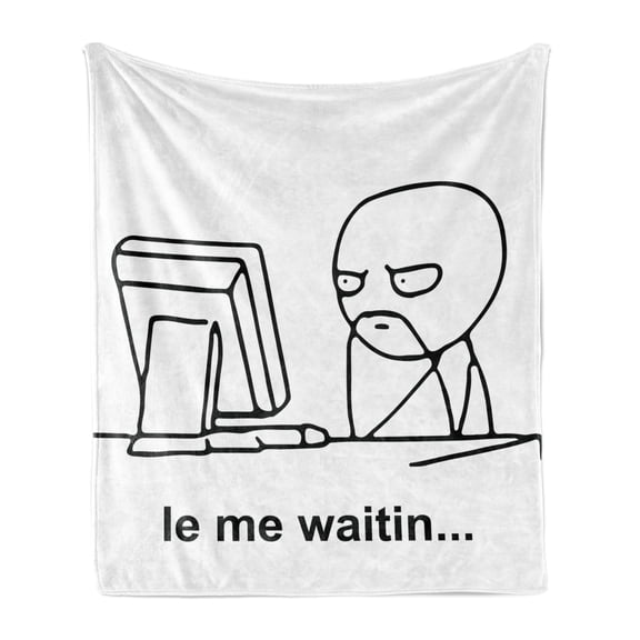 Humor Soft Flannel Fleece Throw Blanket, Stickman Meme Face Looking at Computer Joyful Fun Caricature Comic Design, Cozy Plush for Indoor and Outdoor Use, 50" x 60", Black and White, by Ambesonne