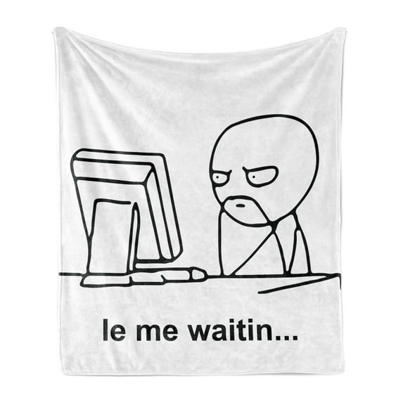Humor Soft Flannel Fleece Throw Blanket, Stickman Meme Face Looking at Computer Joyful Fun Caricature Comic Design, Cozy Plush for Indoor and Outdoor Use, 60" x 80", Black and White, by Ambesonne