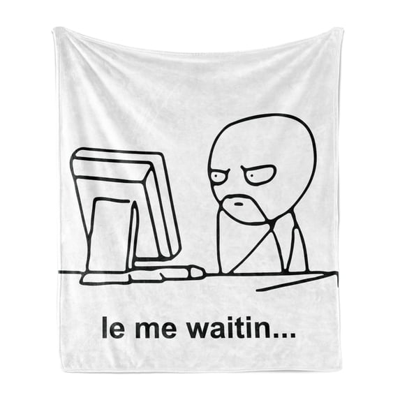 Humor Soft Flannel Fleece Throw Blanket, Stickman Meme Face Looking at Computer Joyful Fun Caricature Comic Design, Cozy Plush for Indoor and Outdoor Use, 70" x 90", Black and White, by Ambesonne