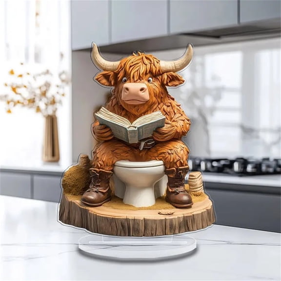 Humorous 2D Flat Highland Cow Acrylic Standee, Whimsical Figurine Reading a Book on a Toilet, Ideal for Desk Decor, Bathroom Decor, Gag Gifts, and Tabletop Display