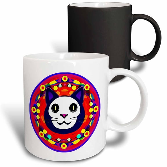 3drose, Humorous Abstract Cat Portrait Inside the Red Mandala Round Shape, 11oz Magic Transforming Mug