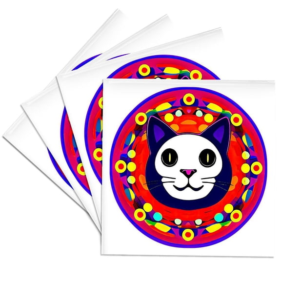 3drose, Humorous Abstract Cat Portrait Inside the Red Mandala Round Shape, Set of 4 Ceramic Tile Coasters