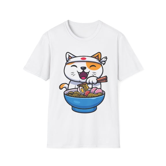 Humorous Anime Ramen Cat Illustration Gift Funny Noodles Anime Cat Enthusiast Graphic Men Women Unisex Softstyle T-Shirt
