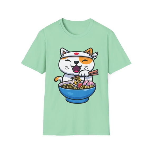 Humorous Anime Ramen Cat Illustration Gift Funny Noodles Anime Cat Enthusiast Graphic Men Women Unisex Softstyle T-Shirt