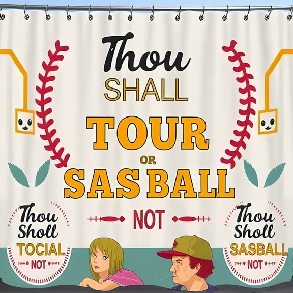 Humorous Baseball Themed Shower Curtain with Vintage Typography & Cartoon Illustrations - " Thou Shall Tour or Sasball " Design